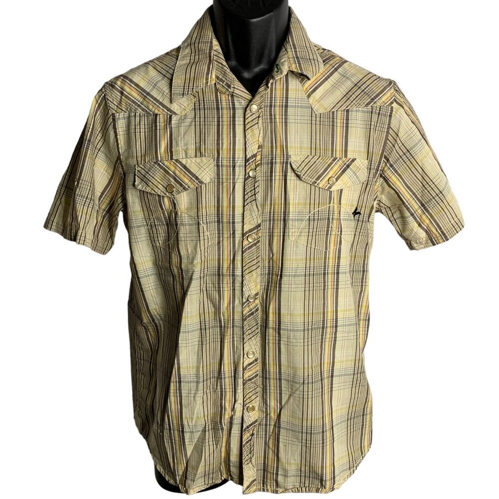 Hurley Pearl Snap Western Shirt M Brown Striped Pockets Sawtooth Short Sleeves